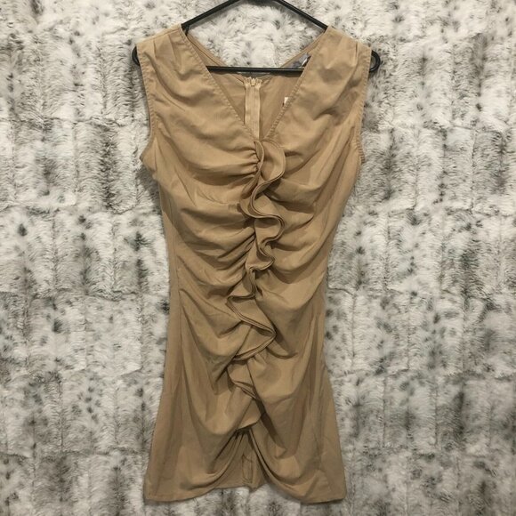 Hot from Hollywood Solaris Ruched Ruffle Sleeveless Mini Party Dress, L Tan NWT - Picture 1 of 11